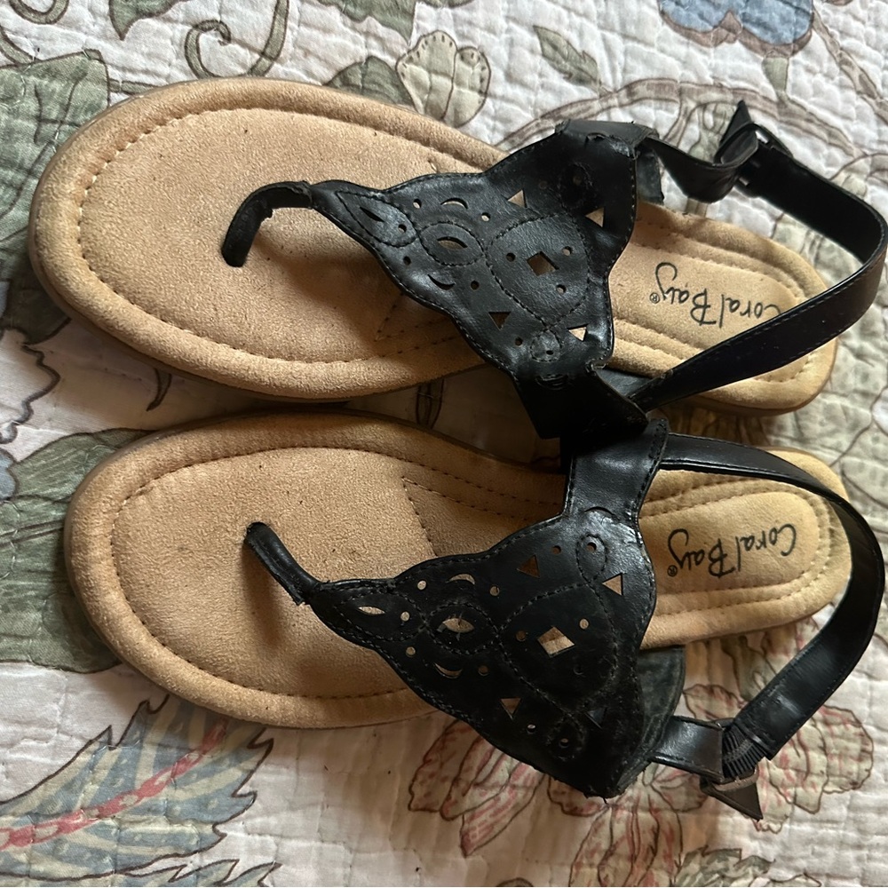 Coral Bay Black Laser-Cut Toe-Post Sandals with Tan Footbed